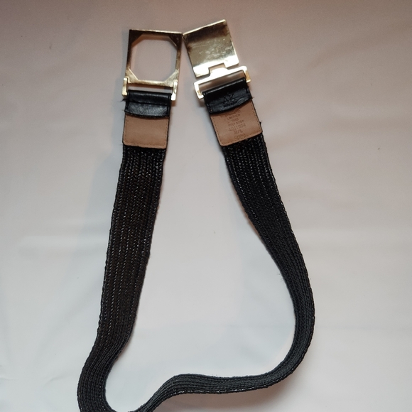 Ladies Black Jute Cotton Stretch LEATHER Belt LION FACE Shiny Buckle Size M/L - Picture 9 of 11
